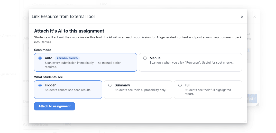 Choosing scan mode and student visibility when attaching It's AI