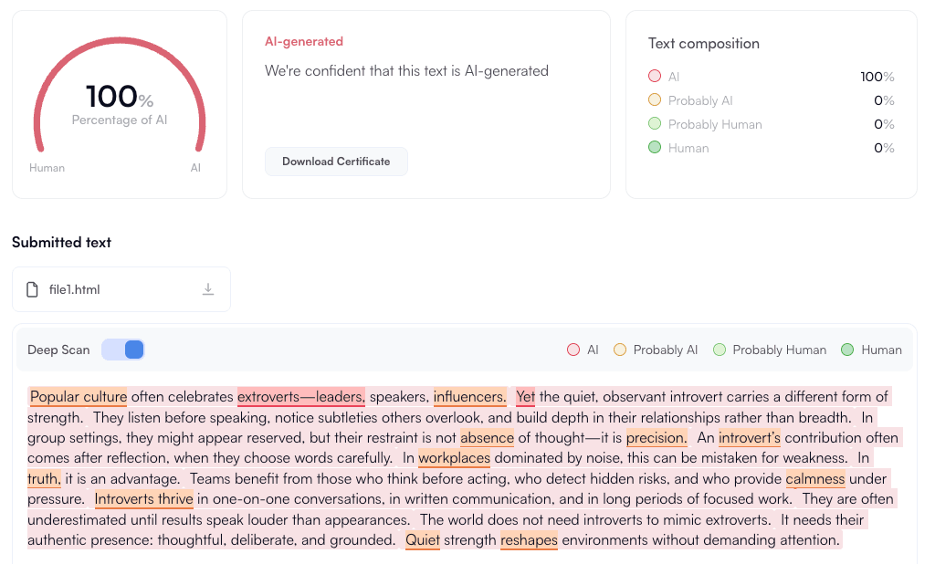 It's AI AI-detection report with deep-scan highlighting