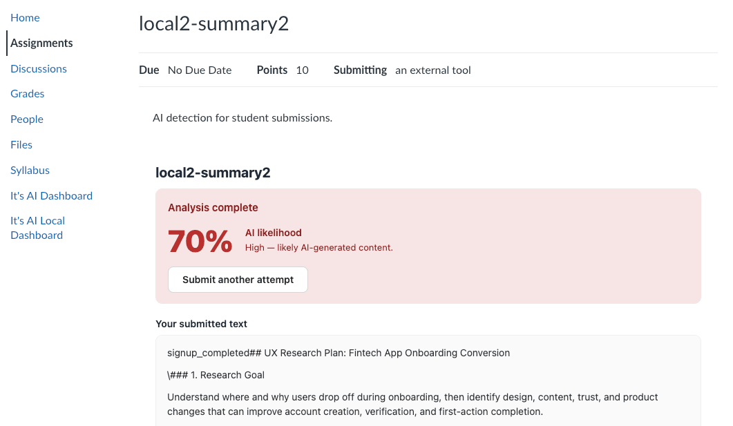 What a student sees after submitting — AI likelihood and resubmit option