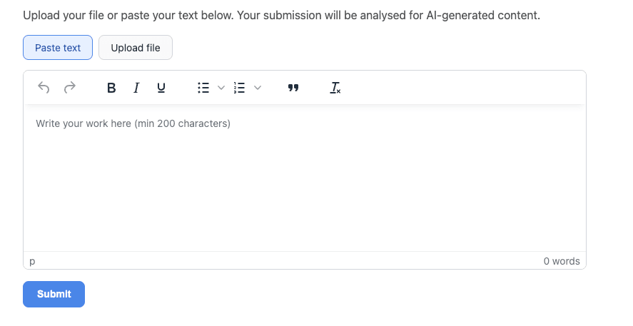 Student submission form with a rich-text editor and file upload