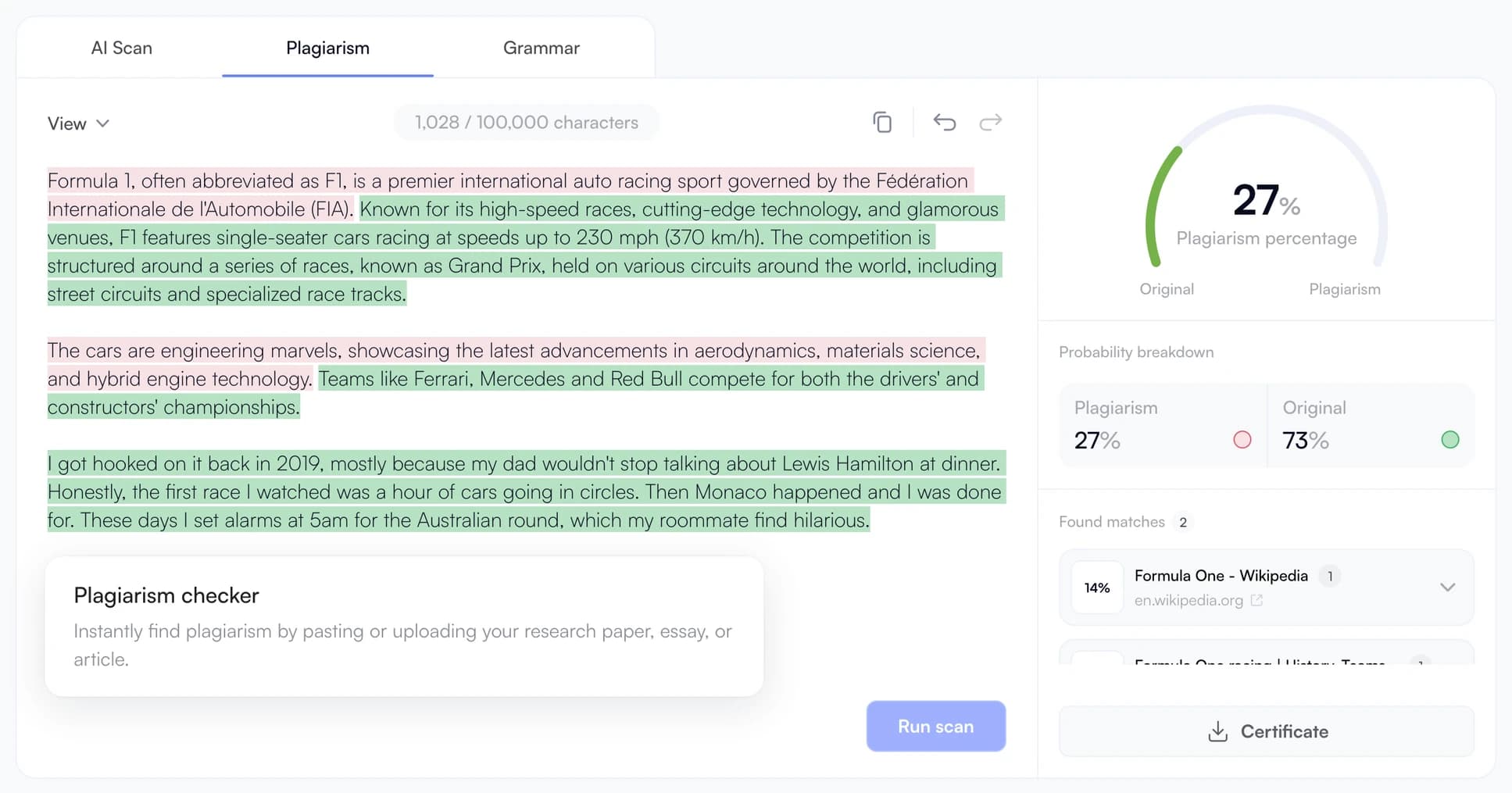 Example plagiarism report with highlighted passages, a similarity score, and matching source links